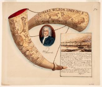 Powder Horn: Edward Wilson (FW-72), Two Sides Depicted, with Vignettes of a Portrait of William Pepperrell and a View of the Harbor at Louisburg (Louisbourg), Canada