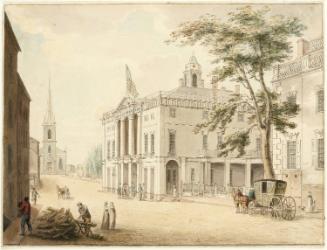View up Wall Street with City Hall [Federal Hall] and Trinity Church, New York City