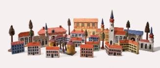 Collection of 30 village pieces: buildings, people, trees