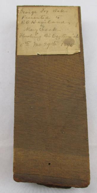 Wood from tree under which George Fox preached w/docu. and label