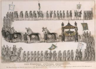 The O'Connell Funeral Procession in the City of New York, September 22, 1847, with the magnificent cart drawn by twelve gray horses richly caparisoned with black cloth trimmed with silver and bearing a shield with the Irish harp